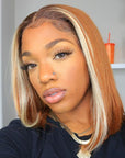 613 Highlight Amber Silky Straight Minimalist Lace Glueless Mid Part Bob Wig 100% Human Hair