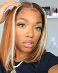 613 Highlight Amber Silky Straight Minimalist Lace Glueless Mid Part Bob Wig 100% Human Hair