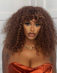 Highlight Brown Curly Minimalist Lace Glueless Long Wig With Bangs 100% Human Hair