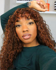 Highlight Brown Curly Minimalist Lace Glueless Long Wig With Bangs 100% Human Hair
