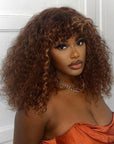 Highlight Brown Curly Minimalist Lace Glueless Long Wig With Bangs 100% Human Hair