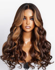 Curtain Bangs Chocolate / Caramel Brown Highlight Loose Wave Y-Shape Undetectable HD Lace Wig