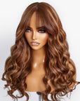 Curtain Bangs Chocolate / Caramel Brown Highlight Loose Wave Y-Shape Undetectable HD Lace Wig