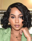 Natural Black Roll Curly 4x4 Closure Lace Glueless C Part Short Wig 100% Human Hair