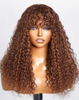Highlight Brown Curly Minimalist Lace Glueless Long Wig With Bangs 100% Human Hair