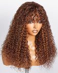 Highlight Brown Curly Minimalist Lace Glueless Long Wig With Bangs 100% Human Hair