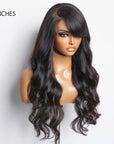 Graceful Natural Black Body Wave With Bangs 5x5 Closure Lace Glueless C Part Long Wig 100% Human Hair