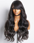 Graceful Natural Black Body Wave With Bangs 5x5 Closure Lace Glueless C Part Long Wig 100% Human Hair