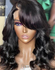 Graceful Natural Black Body Wave With Bangs 5x5 Closure Lace Glueless C Part Long Wig 100% Human Hair