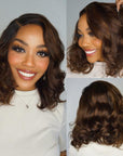 Mature C Part Natural Black / Ombre Brown Loose Wave Minimalist Undetectable HD Lace Wig 100% Human Hair