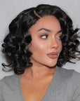Natural Black Roll Curly 4x4 Closure Lace Glueless C Part Short Wig 100% Human Hair
