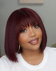Put On And Go Reddish Purple / Natural Black Layered Cut Yaki Straight Minimalist Lace Bob Wig With Bangs 100% Human Hair