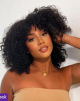 Beginner Friendly Water Wave Minimalist Lace Glueless Short Wig With Bangs 100% Human Hair