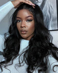 Super Easy Natural Black Body Wave 4x4 Closure Lace Glueless Mid Part Long Wig 100% Human Hair