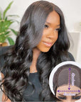 Super Easy Natural Black Body Wave 4x4 Closure Lace Glueless Mid Part Long Wig 100% Human Hair