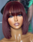 Put On And Go Reddish Purple / Natural Black Layered Cut Yaki Straight Minimalist Lace Bob Wig With Bangs 100% Human Hair