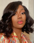 Elegant Natural Black Wavy Minimalist HD Lace Glueless C Part Short Wig 100% Human Hair