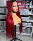 2x6 lace closure wig 1B/red, bone straight red wig