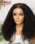 Dark Reddish or Natural Black Kinky Curly 5x5 Closure Lace Glueless Mid Part Long Wig 100% Human Hair