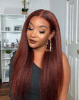 Reddish Brown Kinky Straight Glueless 13x4 Lace Front Wig Yaki Straight Human Hair