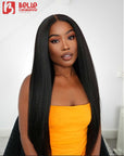 Realistic 4C Edges Kinky Straight 5X5 Closure HD Lace Glueless Mid Part Long Wig 100% Human Hair