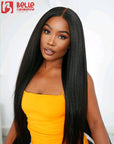 Realistic 4C Edges Kinky Straight 5X5 Closure HD Lace Glueless Mid Part Long Wig 100% Human Hair