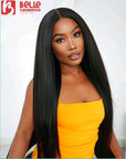 Realistic 4C Edges Kinky Straight 5X5 Closure HD Lace Glueless Mid Part Long Wig 100% Human Hair