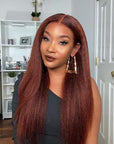 Reddish Brown Kinky Straight Glueless 13x4 Lace Front Wig Yaki Straight Human Hair