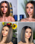 Blonde Highlight Bob With Bangs 13x4 Frontal Lace C Part Short Wig 100% Human Hair