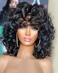 Short Bouncy Curly Human Hair Wig With Bangs Rose Curly Hair Natural Black Color