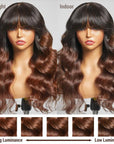 Limited Design | Letitia Chestnut Brown Ombre Loose Body Wave With Blunt Bangs 4x4 Closure Lace Glueless Wig 100% Human Hair
