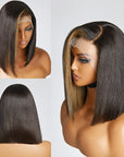 Blonde Highlight Bob With Bangs 13x4 Frontal Lace C Part Short Wig 100% Human Hair