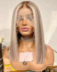 Highlight Brown Blonde Straight 13x4 Lace Front Blunt Bob Wig With Brown Roots