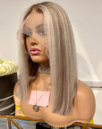 Highlight Brown Blonde Straight 13x4 Lace Front Blunt Bob Wig With Brown Roots