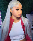 Grey Straight Human Hair Wigs Silver Grey Glueless Lace Front Colored Wigs