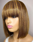 Highlight Honey Blonde Straight Bob Wig With Bangs Glueless Human Hair Wig With Fringe