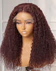 Dark Burgundy or Brown Kinky Curly 5x5 Closure Lace Glueless Mid Part Long Wig 100% Human Hair