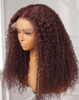 Dark Burgundy or Brown Kinky Curly 5x5 Closure Lace Glueless Mid Part Long Wig 100% Human Hair