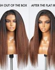 4C Edges | Kinky Edges Black To Brown Ombre Kinky Straight 5x5 Closure Lace Glueless Side Part Long Wig 100% Human Hair