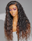 Limited Design | Sweety Brown Tails Highlight Water Wave 13x4 Frontal HD Lace C Part Long Wig 100% Human Hair