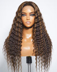 Boho-Chic | Chestnut Brown Highlights Bohemian Curly 5×5 Closure Lace Glueless Mid Part Long Wig 100% Human Hair