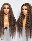 Boho-Chic | Chestnut Brown Highlights Bohemian Curly 5×5 Closure Lace Glueless Mid Part Long Wig 100% Human Hair