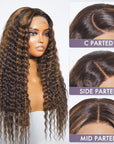 Boho-Chic | Chestnut Brown Highlights Bohemian Curly 5×5 Closure Lace Glueless Mid Part Long Wig 100% Human Hair