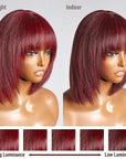 Put On And Go Reddish Purple / Natural Black Layered Cut Yaki Straight Minimalist Lace Bob Wig With Bangs 100% Human Hair