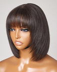 Put On And Go Reddish Purple / Natural Black Layered Cut Yaki Straight Minimalist Lace Bob Wig With Bangs 100% Human Hair