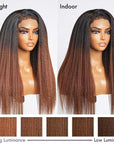 4C Edges | Kinky Edges Black To Brown Ombre Kinky Straight 5x5 Closure Lace Glueless Side Part Long Wig 100% Human Hair