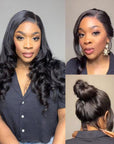13x6 Compact Frontal Lace Natural Black Body Wave Side Part Long Wig 100% Human Hair