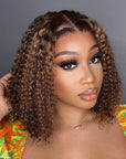 Mix Color Brown Curly Bob Wig Compact 13X4 Frontal Short Lace Wig 100% Human Hair