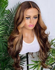 Glueless Invisiable Crystal HD Lace Highlight Brown Body Wave 13x4 Lace Front Wig Honey Blonde 4x4 Lace Human Hair Wig