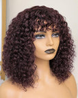 Throw On & Go Burgundy Water Wave No Lace Glueless Short Wig With Bangs 100% Human Hair